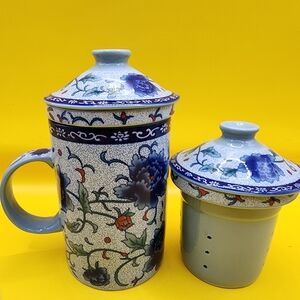 5 pc Chinese Porcelain Tea Cup Mug Handled Infuser Strainer w Lid 10oz Floral